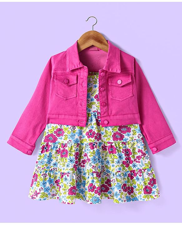 Babyhuhg Cotton Knit Full Sleeves Solid Colour Jacket with Floral Printed Tiered Frock - White & Dark Pink