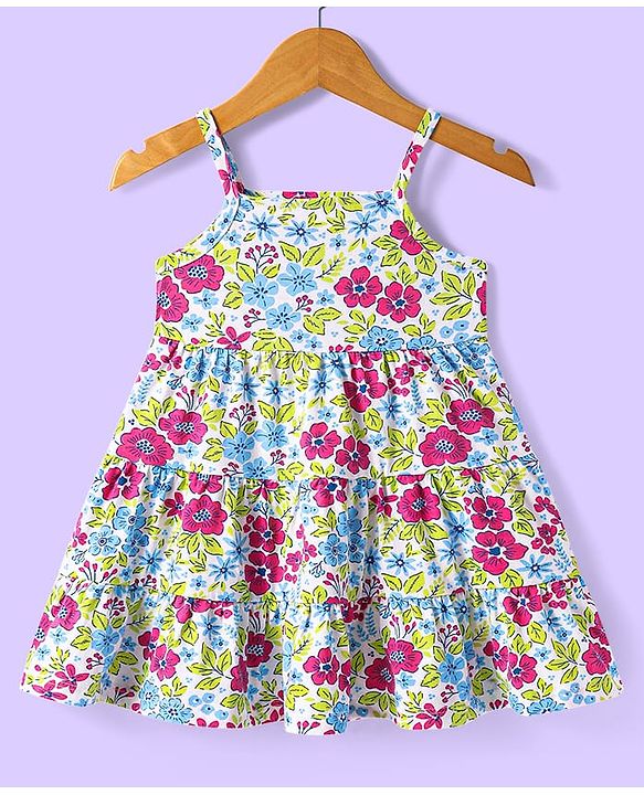 Babyhuhg Cotton Knit Full Sleeves Solid Colour Jacket with Floral Printed Tiered Frock - White & Dark Pink