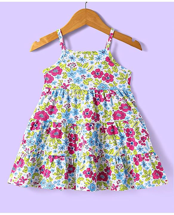 Babyhuhg Cotton Knit Full Sleeves Solid Colour Jacket with Floral Printed Tiered Frock - White & Dark Pink