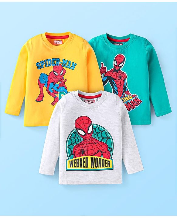 Babyhug Marvel Single Jersey Knit Full Sleeves T-Shirts With Spider Man Graphics Pack of 3 - Yellow White & Blue