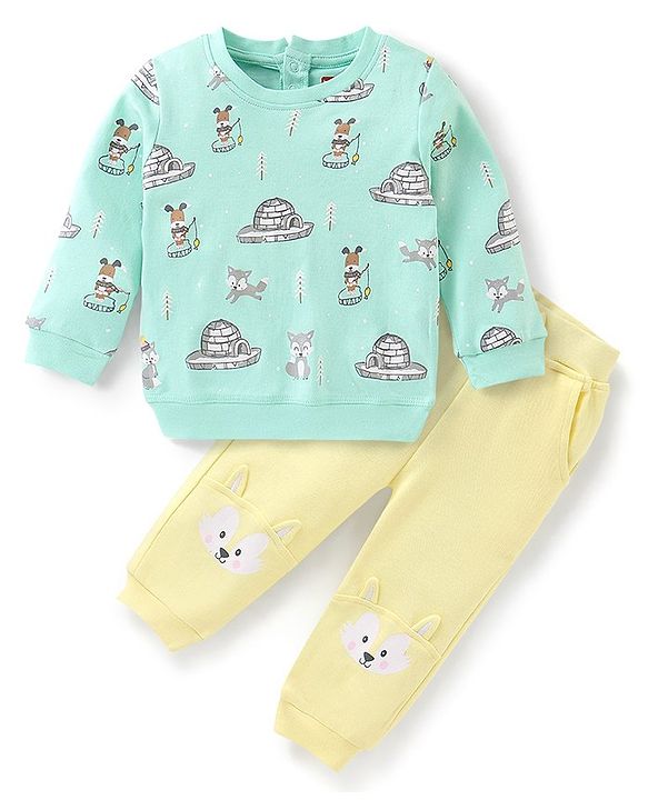 Babyhug Terry Knit Full Sleeves Puppy Printed T-Shirt & Jogger Set - Blue & Cream