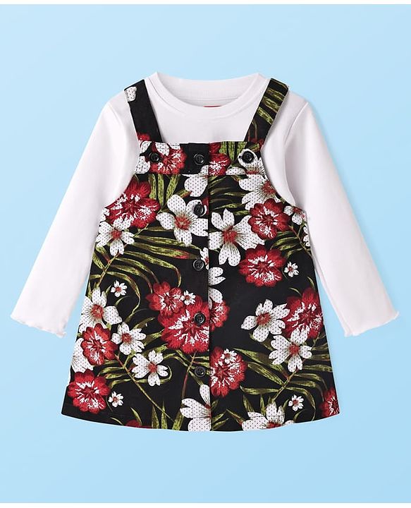 Babyhug Cotton Woven Frock & Full Sleeves Inner Tee With Floral Print - White