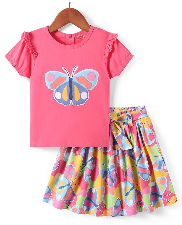 Babyhug Single Jersey Knit Half Puffed Sleeves Butterfly Printed Top & Skirt Set - Pink