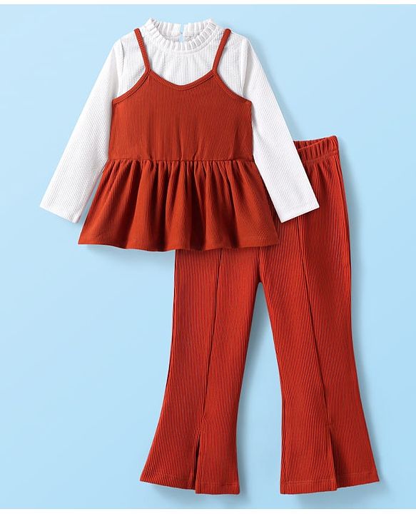 Babyhug Cotton Knit Full Sleeves Solid Colour Top & Leggings Set With Frock - Rust Orange