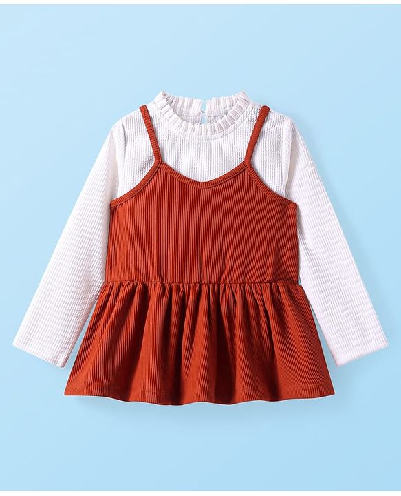 Babyhug Cotton Knit Full Sleeves Solid Colour Top & Leggings Set With Frock - Rust Orange