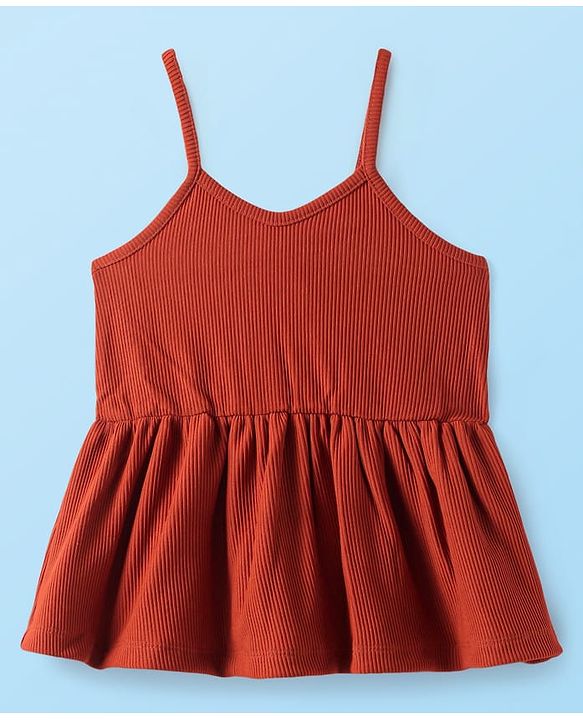 Babyhug Cotton Knit Full Sleeves Solid Colour Top & Leggings Set With Frock - Rust Orange