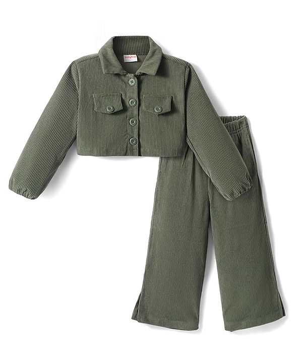 Babyhug Cotton Knit Full Sleeves Solid Colour Shirt & Legging Set - Olive Green