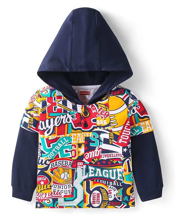 Babyhug Cotton Knit Full Sleeves Hooded T-Shirt With Text Print - Navy Blue
