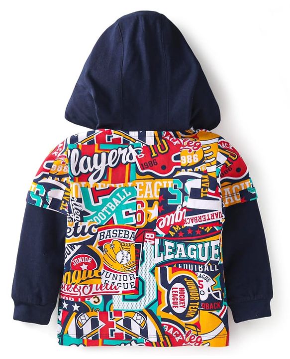 Babyhug Cotton Knit Full Sleeves Hooded T-Shirt With Text Print - Navy Blue