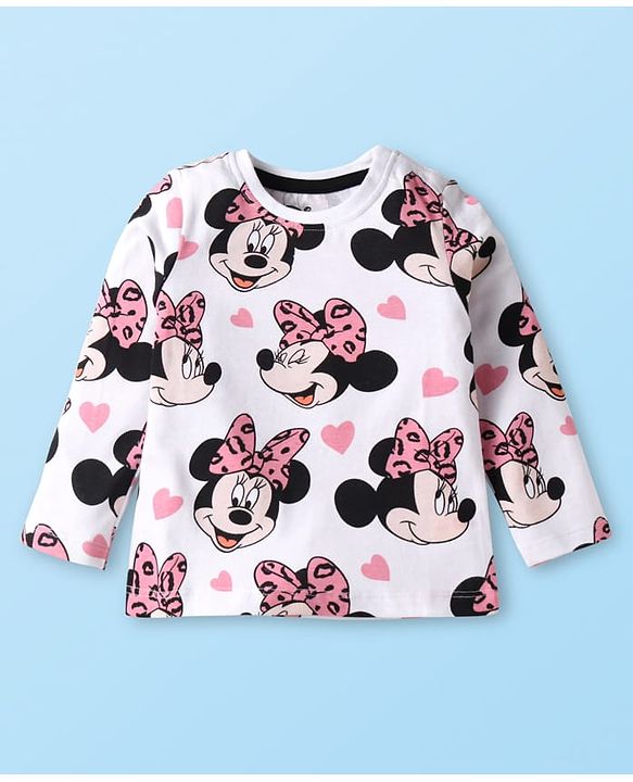 Babyhug Disney Single Jersey Knit Full Sleeves Nightsuit  With Minnie Mouse Graphics - White & Pink