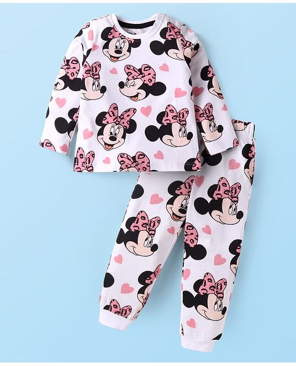 Babyhug Disney Single Jersey Knit Full Sleeves Nightsuit  With Minnie Mouse Graphics - White & Pink