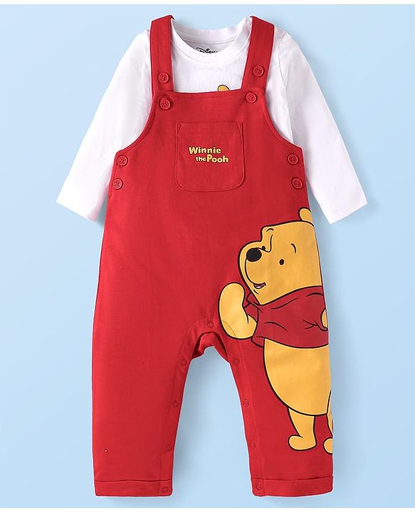 Babyhug Disney Single Jersey Knit Dungaree & Full Sleeves T-Shirt With Winnie The Pooh Graphics - Red & White