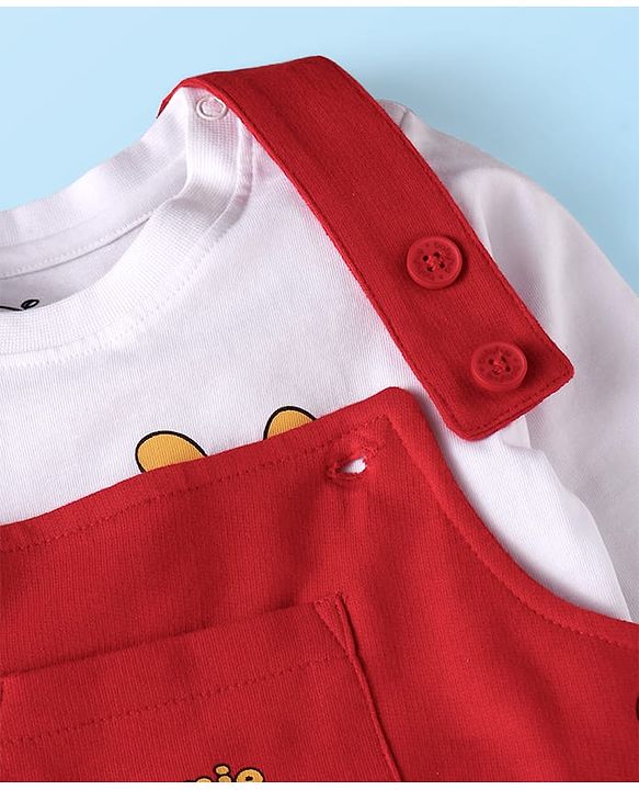 Babyhug Disney Single Jersey Knit Dungaree & Full Sleeves T-Shirt With Winnie The Pooh Graphics - Red & White