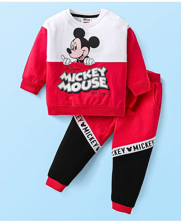 Babyhug Disney Terry Knit Full Sleeves Cut & Sew Mickey Mouse Printed T-Shirt & Track Pant with Patch & Tape Detailing - Red White & Black