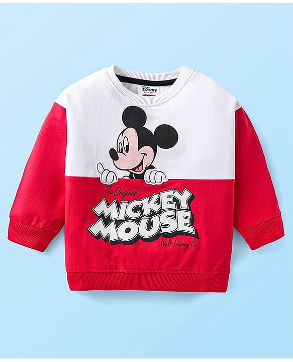 Babyhug Disney Terry Knit Full Sleeves Cut & Sew Mickey Mouse Printed T-Shirt & Track Pant with Patch & Tape Detailing - Red White & Black