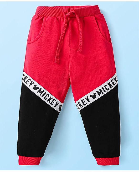 Babyhug Disney Terry Knit Full Sleeves Cut & Sew Mickey Mouse Printed T-Shirt & Track Pant with Patch & Tape Detailing - Red White & Black