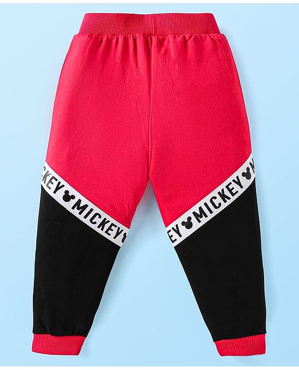 Babyhug Disney Terry Knit Full Sleeves Cut & Sew Mickey Mouse Printed T-Shirt & Track Pant with Patch & Tape Detailing - Red White & Black