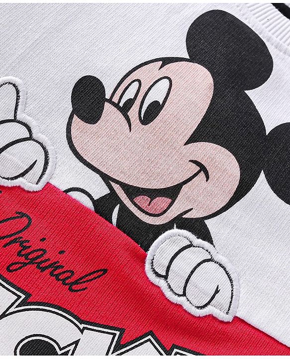 Babyhug Disney Terry Knit Full Sleeves Cut & Sew Mickey Mouse Printed T-Shirt & Track Pant with Patch & Tape Detailing - Red White & Black