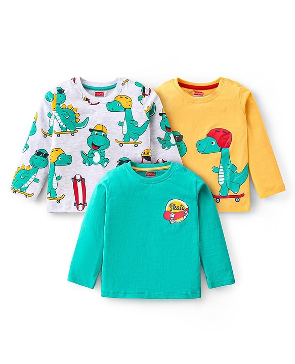Babyhug Cotton Knit Full Sleeves Dino Graphics T-shirts Pack of 3 - Yellow & Blue