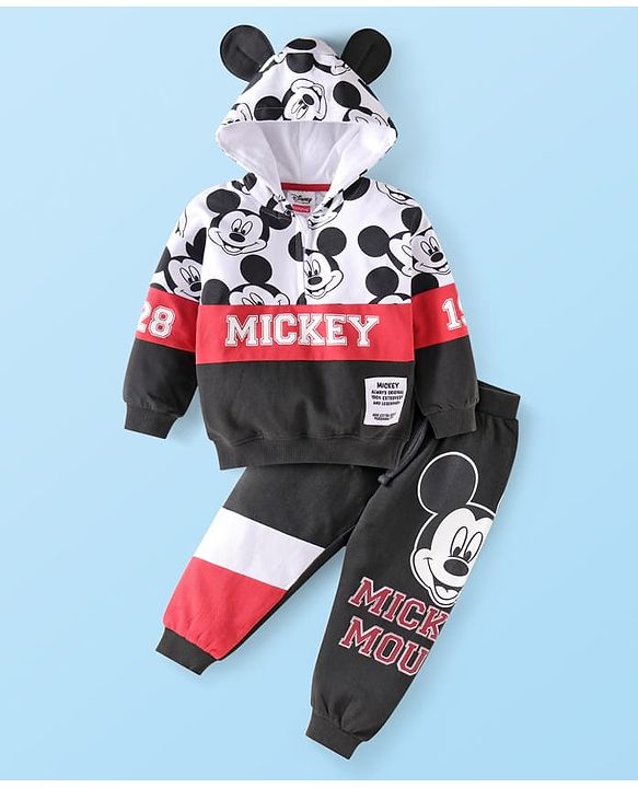 Babyhug Disney Terry Knit Full Sleeves Hooded Sweatshirt & Lounge Pant Set With Mickey Mouse Graphics & Ear Applique - Black White & Red