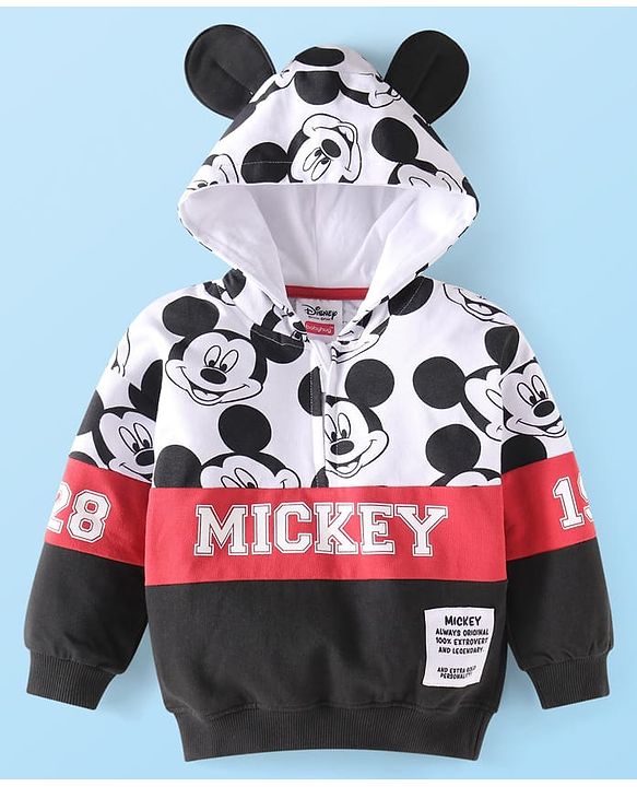 Babyhug Disney Terry Knit Full Sleeves Hooded Sweatshirt & Lounge Pant Set With Mickey Mouse Graphics & Ear Applique - Black White & Red