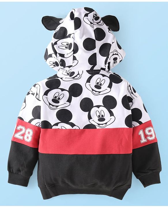 Babyhug Disney Terry Knit Full Sleeves Hooded Sweatshirt & Lounge Pant Set With Mickey Mouse Graphics & Ear Applique - Black White & Red