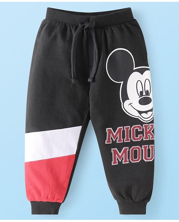 Babyhug Disney Terry Knit Full Sleeves Hooded Sweatshirt & Lounge Pant Set With Mickey Mouse Graphics & Ear Applique - Black White & Red