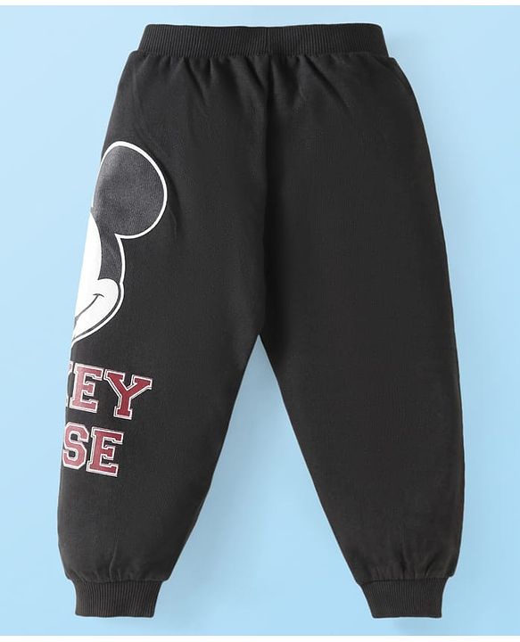 Babyhug Disney Terry Knit Full Sleeves Hooded Sweatshirt & Lounge Pant Set With Mickey Mouse Graphics & Ear Applique - Black White & Red