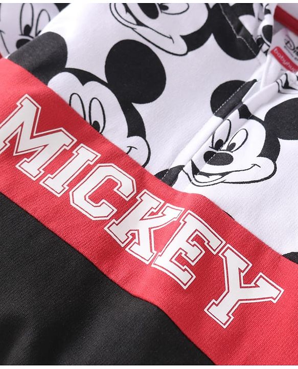 Babyhug Disney Terry Knit Full Sleeves Hooded Sweatshirt & Lounge Pant Set With Mickey Mouse Graphics & Ear Applique - Black White & Red