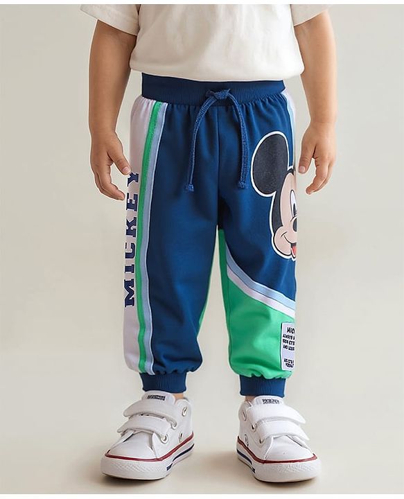 Babyhug Disney Terry Knit Full Length Lounge Pant with Mickey Mouse Graphics - Navy Blue & Green