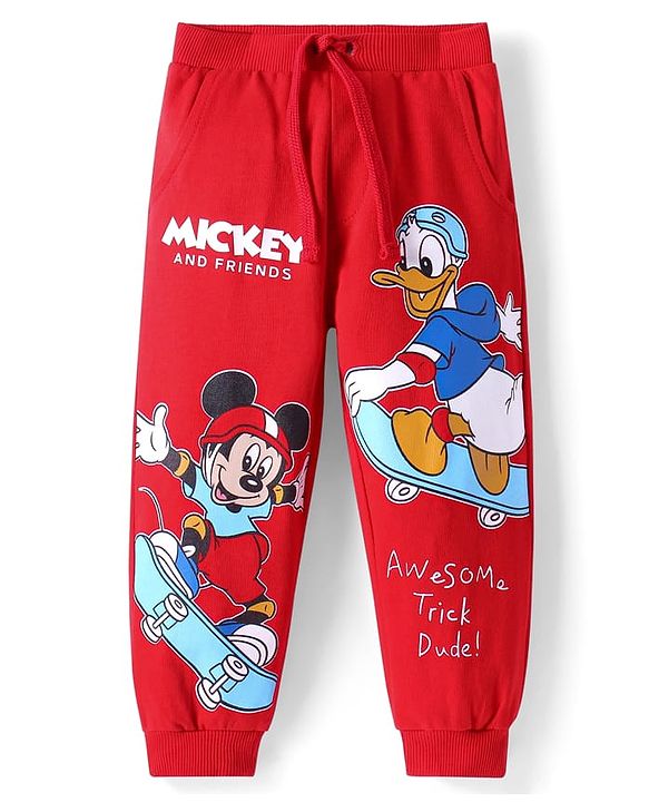 Babyhug Disney Terry Knit Full Length Lounge Pant with Mickey Mouse Graphics - Red