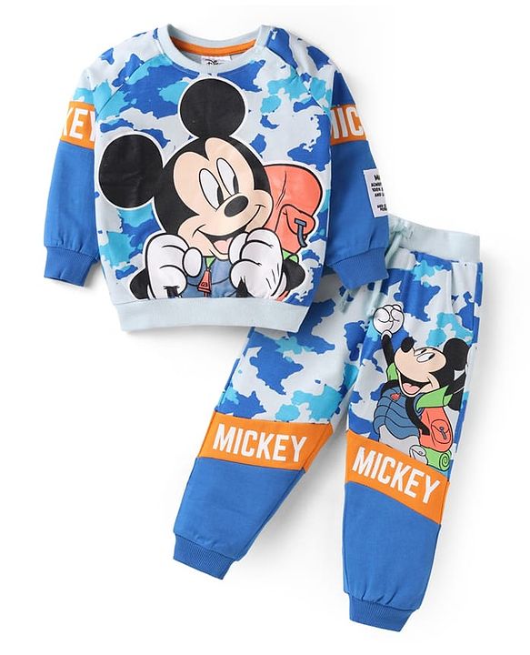 Babyhug Disney Terry Knit Full Sleeves T-Shirt & Lounge Pant Set With Mickey Mouse Graphics - Blue