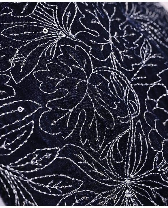 Babyhug Woven Full Sleeves Floral Embroidered Textured 3 Piece Party Suit with Bow - Navy Blue