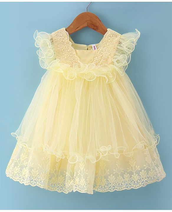 Babyhug Woven Sleeveless Fit & Flared Party Frock with Floral Embroidery & Ruffle Detailing - Light Yellow
