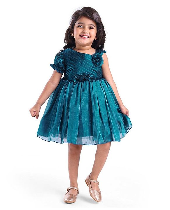 Babyhug Woven Half Sleeves Shimmered Party Dress With Pintuck Design & Corsage Applique - Teal Blue