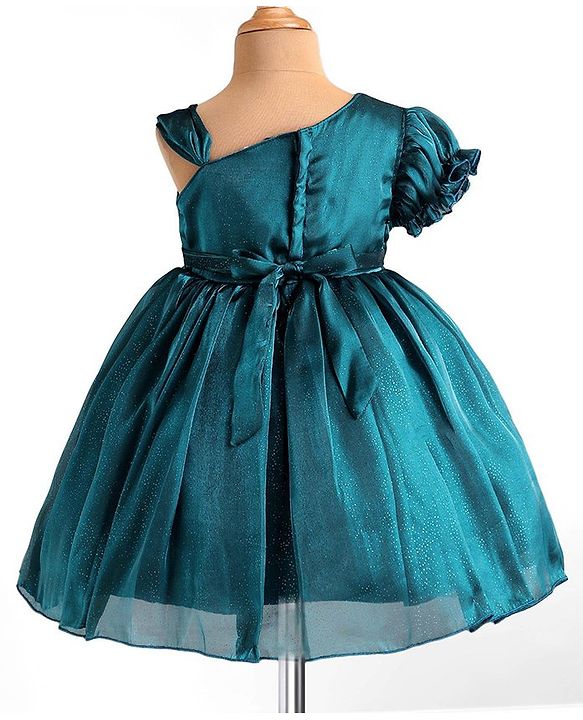 Babyhug Woven Half Sleeves Shimmered Party Dress With Pintuck Design & Corsage Applique - Teal Blue