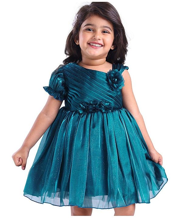 Babyhug Woven Half Sleeves Shimmered Party Dress With Pintuck Design & Corsage Applique - Teal Blue