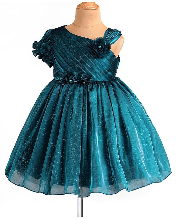 Babyhug Woven Half Sleeves Shimmered Party Dress With Pintuck Design & Corsage Applique - Teal Blue