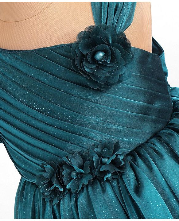 Babyhug Woven Half Sleeves Shimmered Party Dress With Pintuck Design & Corsage Applique - Teal Blue