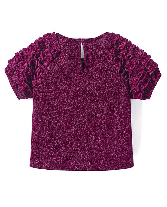 Babyhug Woven Half Raglan Sleeves Frill Details Textured Party Top - Wine