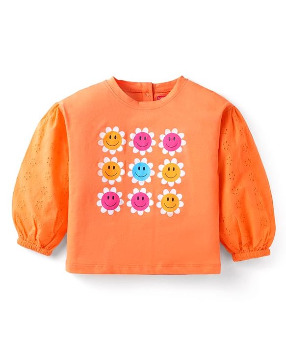 Babyhug Single Jersey Knit Full Sleeves Floral Printed T-Shirt & Solid Denim Jeans Set - Rust Orange & Light Blue