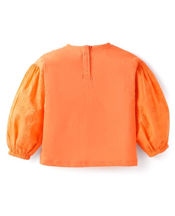 Babyhug Single Jersey Knit Full Sleeves Floral Printed T-Shirt & Solid Denim Jeans Set - Rust Orange & Light Blue