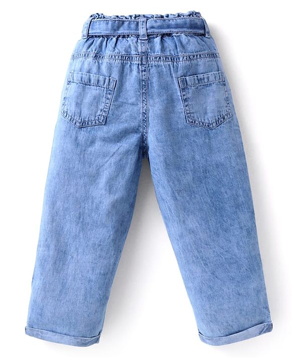 Babyhug Single Jersey Knit Full Sleeves Floral Printed T-Shirt & Solid Denim Jeans Set - Rust Orange & Light Blue