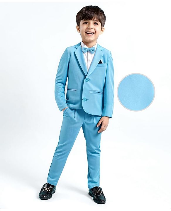 Babyhug Woven Full Sleeves Solid Colour 3 Piece Party Suit With Bow - Blue