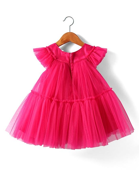 Babyhug Woven Frill Sleeves A Line Tiered Party Dress with Floral Corsage - Dark Pink