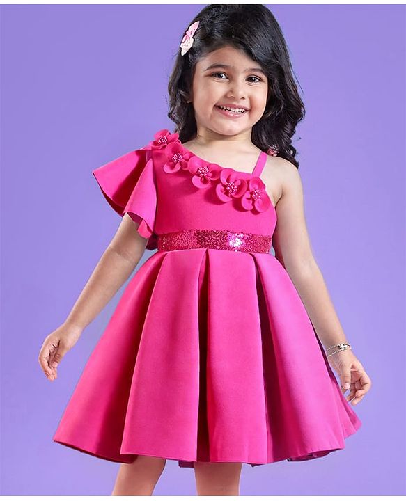 Babyhug Woven One Shoulder Sleeves Party Dress With Floral Applique & Sequin Detailing - Dark Pink