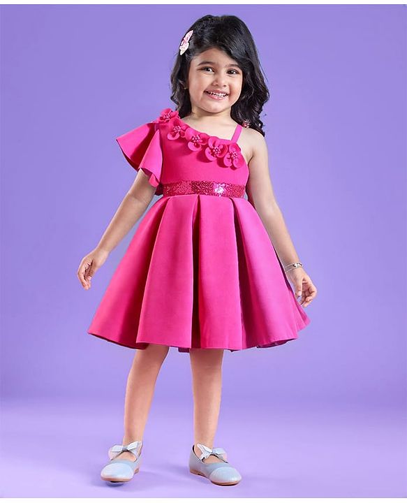 Babyhug Woven One Shoulder Sleeves Party Dress With Floral Applique & Sequin Detailing - Dark Pink
