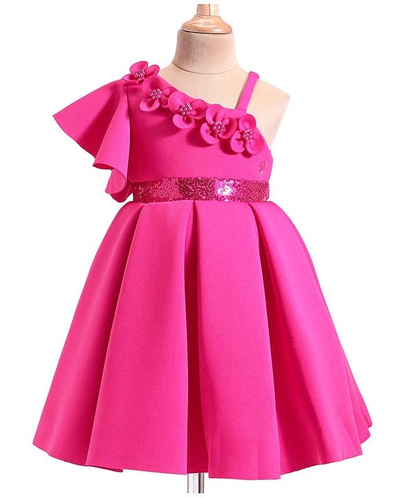 Babyhug Woven One Shoulder Sleeves Party Dress With Floral Applique & Sequin Detailing - Dark Pink