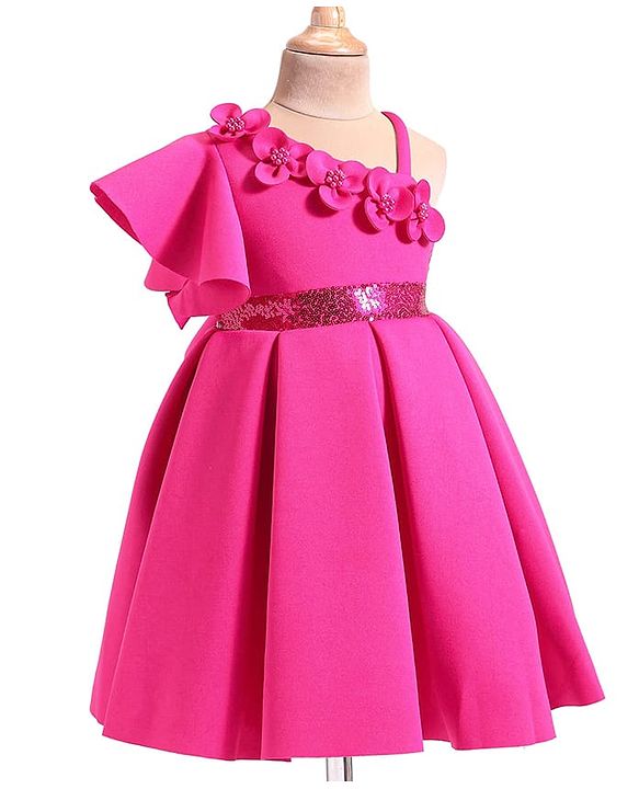 Babyhug Woven One Shoulder Sleeves Party Dress With Floral Applique & Sequin Detailing - Dark Pink