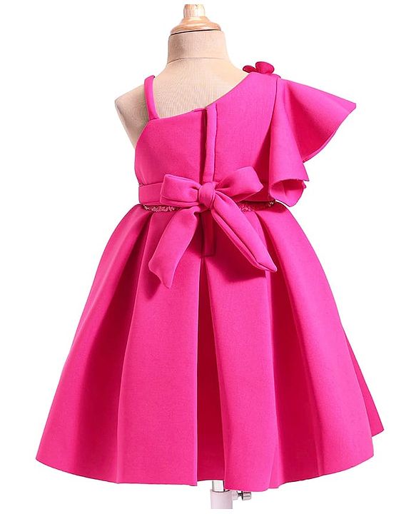 Babyhug Woven One Shoulder Sleeves Party Dress With Floral Applique & Sequin Detailing - Dark Pink